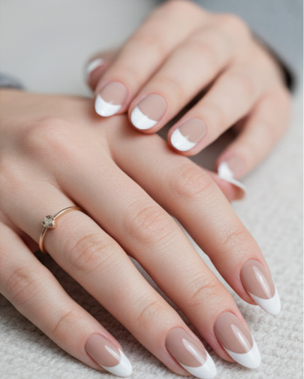 Blisss Nails Essential Machine-Made Press On Nails - Cappuccino Nude with Crisp White French V-Tip, Reusable Artificial Nails, Long Almond Shape, High-Gloss Salon-Style False Nails 10 Pcs Nail Set