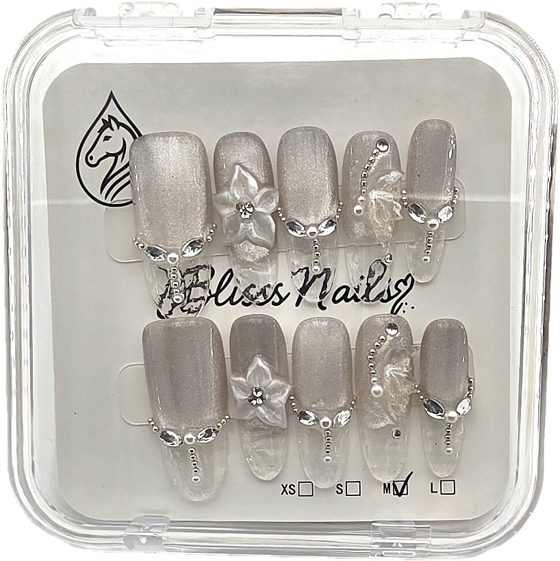 Blisss Nails Premium Handmade Pearl White wih Cat Eye Effect Fake Nails – Long Oval Artificial Reusable Press On Nails with 3D Flower & Rhinestones for Women | Luxury Bridal Salon Finish 10 pc Nails Set