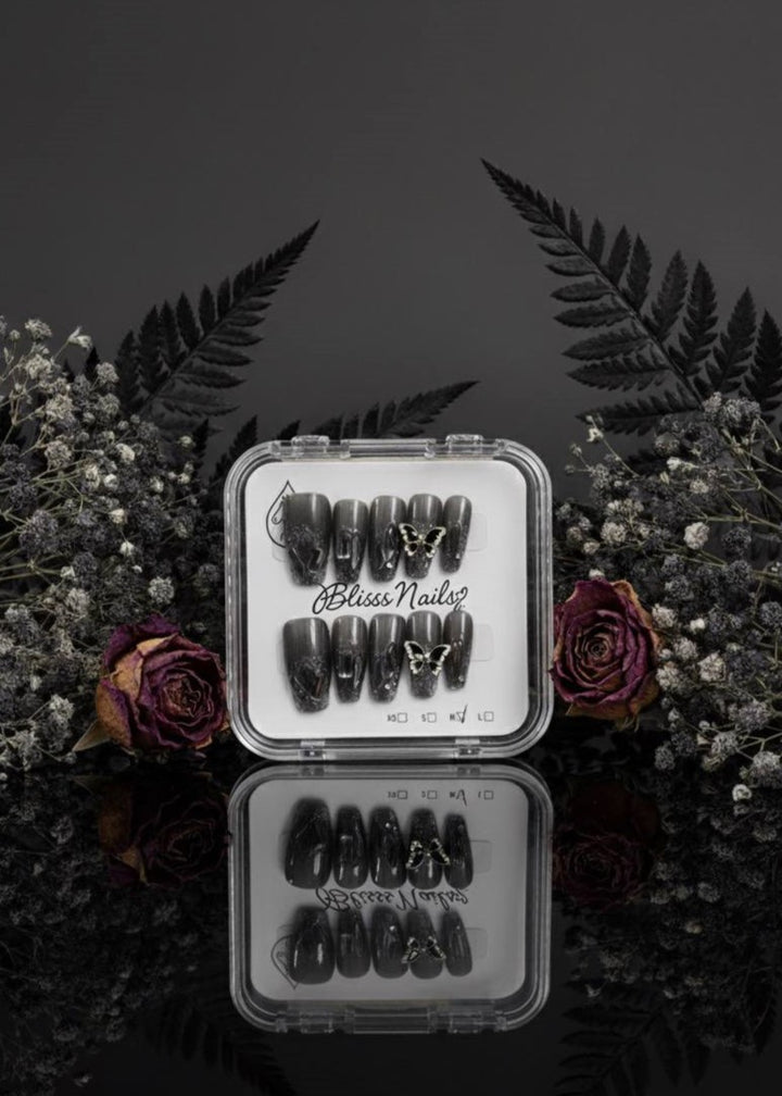 Blisss Nails Handmade Black Ombre Glitter Press On Nails – Long Coffin Reusable Artificial Fake Nails with 3D Butterfly Charm | Premium Luxury Nail Art 10 pc Nail Set