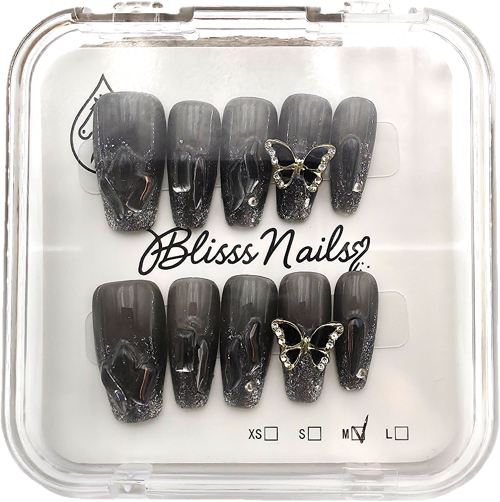 Blisss Nails Handmade Black Ombre Glitter Press On Nails – Long Coffin Reusable Artificial Fake Nails with 3D Butterfly Charm | Premium Luxury Nail Art 10 pc Nail Set