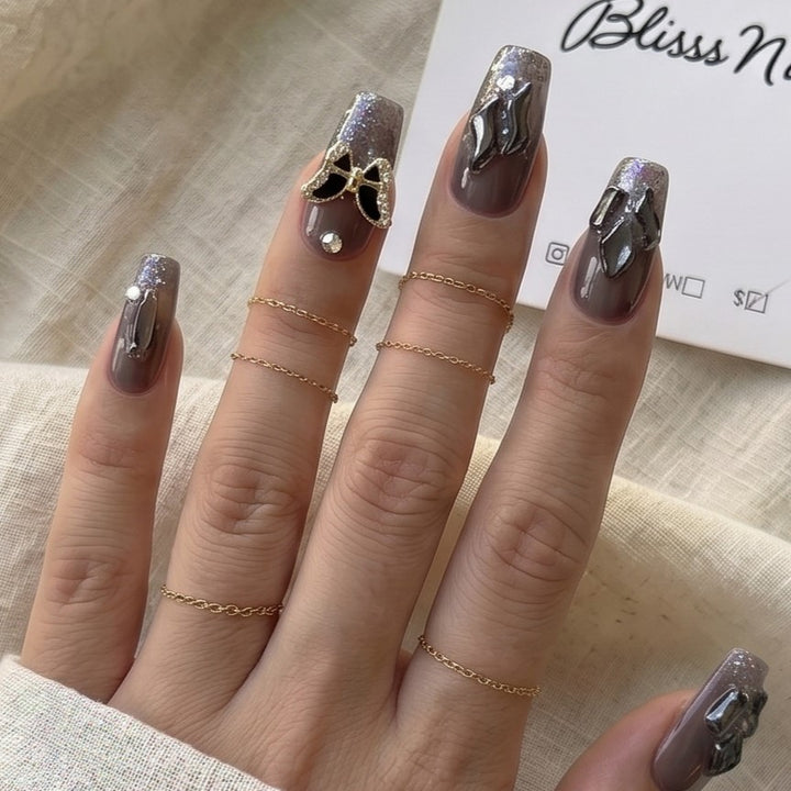 Blisss Nails Handmade Black Ombre Glitter Press On Nails – Long Coffin Reusable Artificial Fake Nails with 3D Butterfly Charm | Premium Luxury Nail Art 10 pc Nail Set