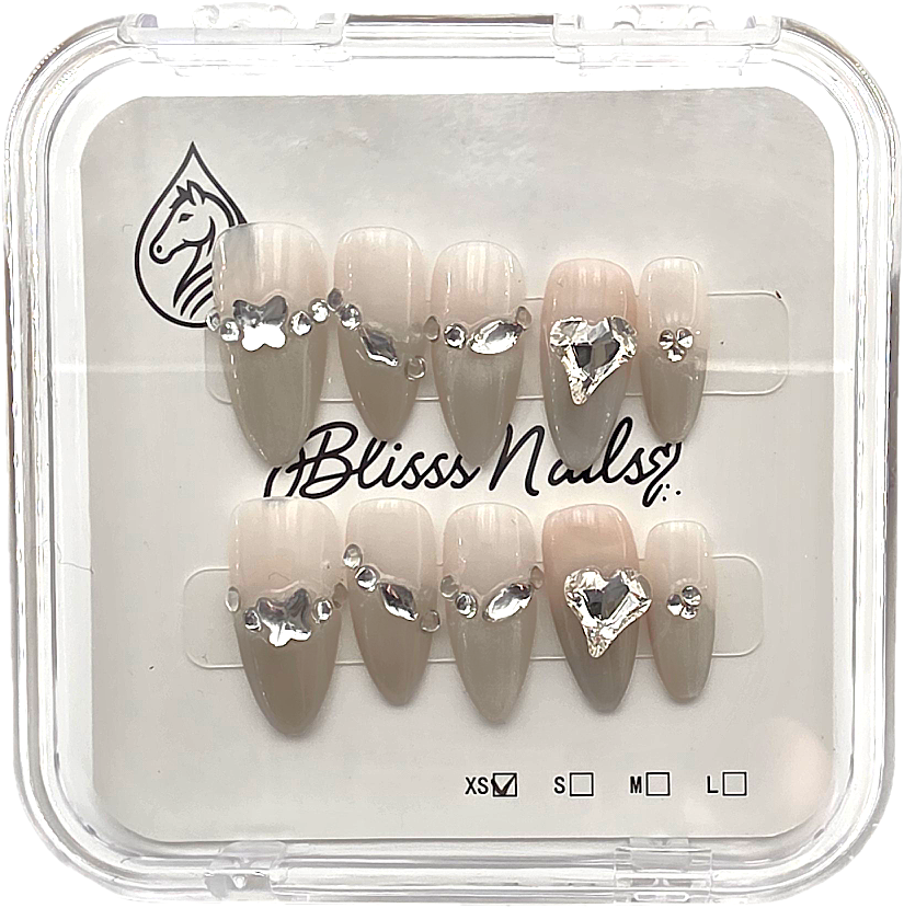 Blisss Nails Premium Handmade Nude Ombre with Cat Eye Effect Fake Nails – Long Almond Artificial Reusable Press On Nails with Crystal Rhinestones & Heart Accent for Women | Luxury Salon Finish 10 pc Nails Set