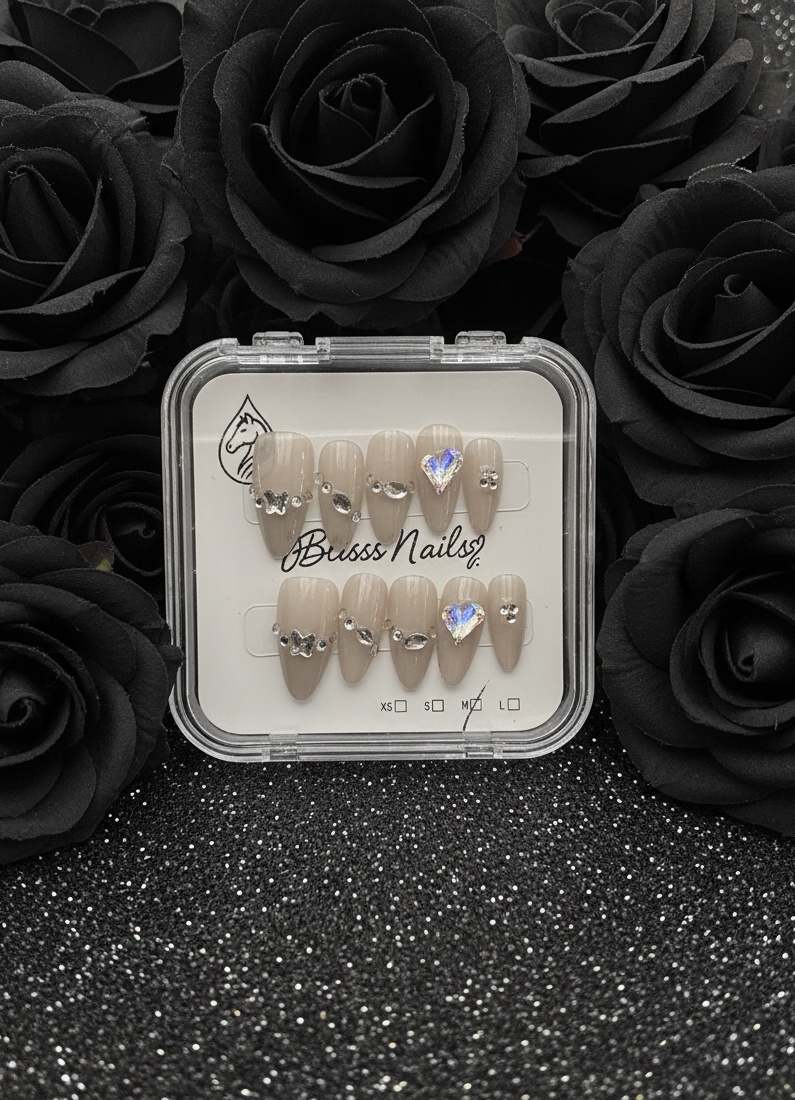 Blisss Nails Premium Handmade Nude Ombre with Cat Eye Effect Fake Nails – Long Almond Artificial Reusable Press On Nails with Crystal Rhinestones & Heart Accent for Women | Luxury Salon Finish 10 pc Nails Set