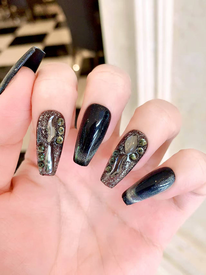 Blisss Nails Handmade Black Glitter Ombre with Cat Eye Effect Press On Nails – Long Coffin Reusable Artificial Fake Nails with Rhinestones & Chrome Accents | Premium Luxury Nail Art 10 pc Nails Set