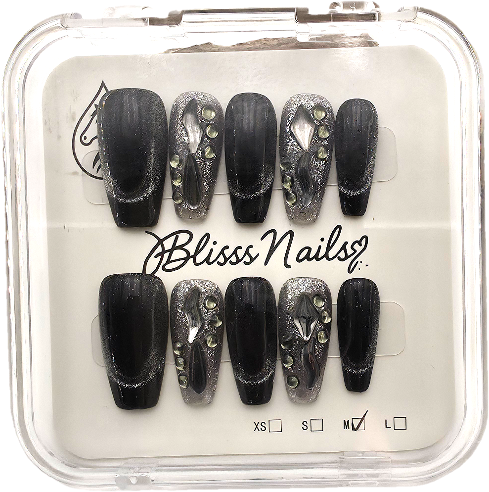 Blisss Nails Handmade Black Glitter Ombre with Cat Eye Effect Press On Nails – Long Coffin Reusable Artificial Fake Nails with Rhinestones & Chrome Accents | Premium Luxury Nail Art 10 pc Nails Set