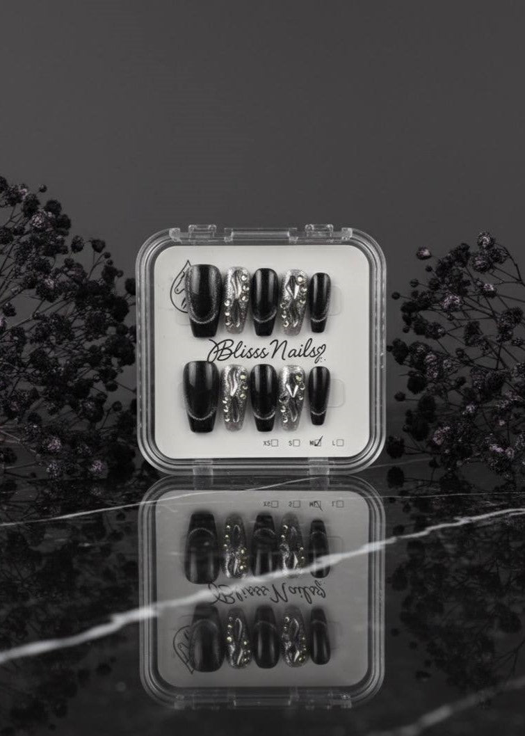Blisss Nails Handmade Black Glitter Ombre with Cat Eye Effect Press On Nails – Long Coffin Reusable Artificial Fake Nails with Rhinestones & Chrome Accents | Premium Luxury Nail Art 10 pc Nails Set