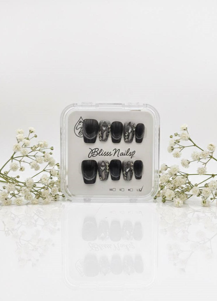 Blisss Nails Handmade Black Glitter Ombre with Cat Eye Effect Press On Nails – Short Coffin Reusable Artificial Fake Nails with Rhinestones & Chrome Accents | Premium Luxury Nail Art 10 pc Nails Set