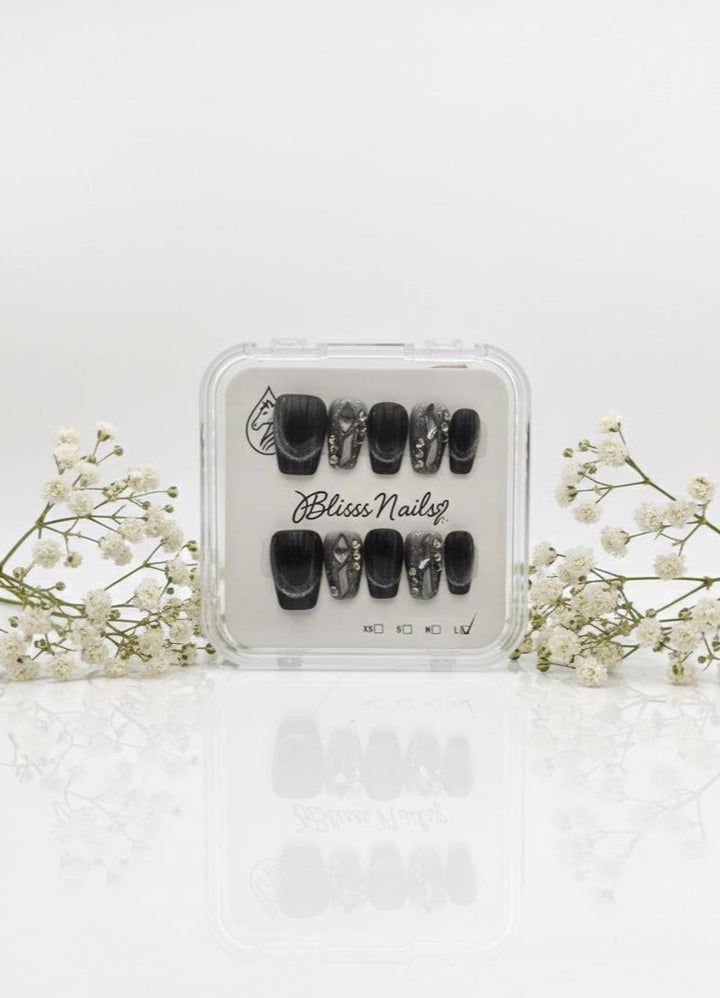 Blisss Nails Handmade Black Glitter Ombre with Cat Eye Effect Press On Nails – Short Coffin Reusable Artificial Fake Nails with Rhinestones & Chrome Accents | Premium Luxury Nail Art 10 pc Nails Set