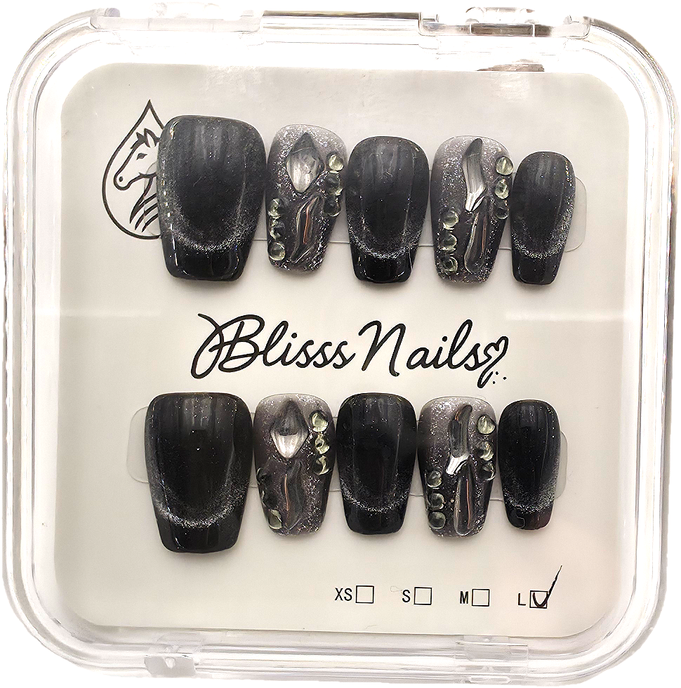 Blisss Nails Handmade Black Glitter Ombre with Cat Eye Effect Press On Nails – Short Coffin Reusable Artificial Fake Nails with Rhinestones & Chrome Accents | Premium Luxury Nail Art 10 pc Nails Set