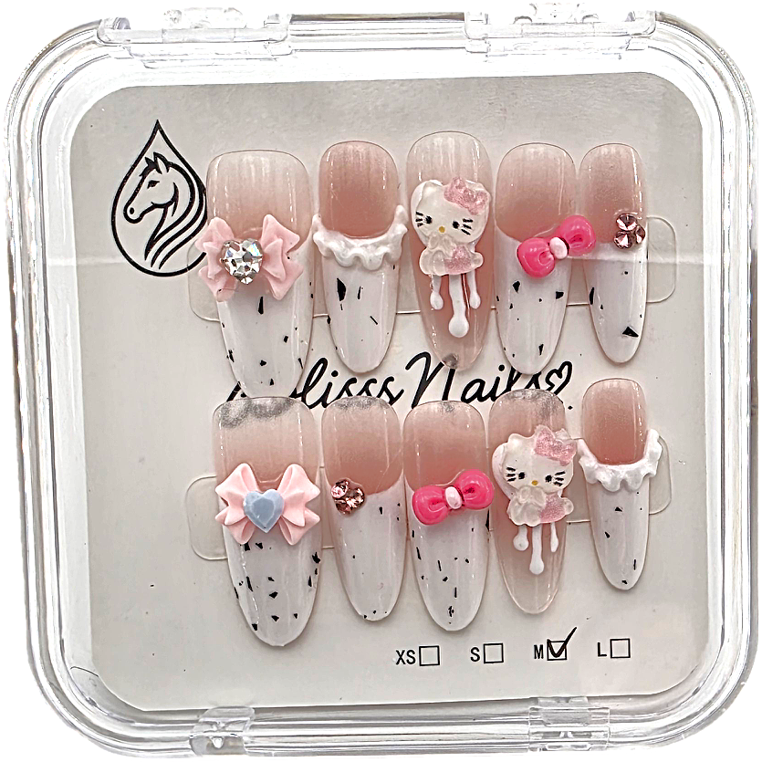 Blisss Nails Premium Handmade Cute Cartoon Fake Nails – Long Almond Artificial Reusable Press On Nails with 3D Bow, Kitty & Rhinestones for Women | Glossy Salon Finish 10 pc Nails Set