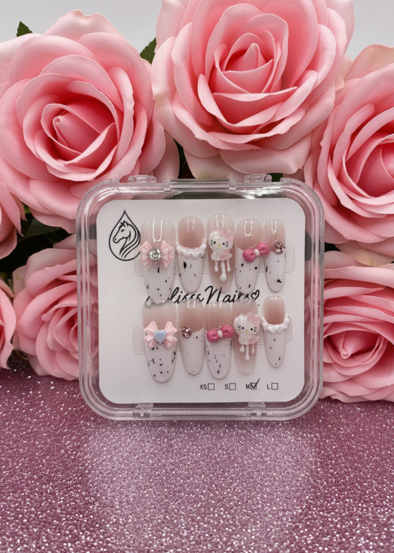 Blisss Nails Premium Handmade Cute Cartoon Fake Nails – Long Almond Artificial Reusable Press On Nails with 3D Bow, Kitty & Rhinestones for Women | Glossy Salon Finish 10 pc Nails Set