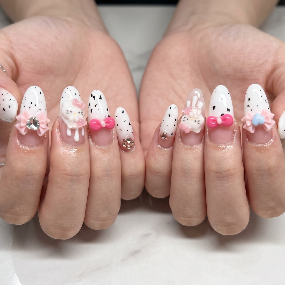 Blisss Nails Premium Handmade Cute Cartoon Fake Nails – Long Almond Artificial Reusable Press On Nails with 3D Bow, Kitty & Rhinestones for Women | Glossy Salon Finish 10 pc Nails Set