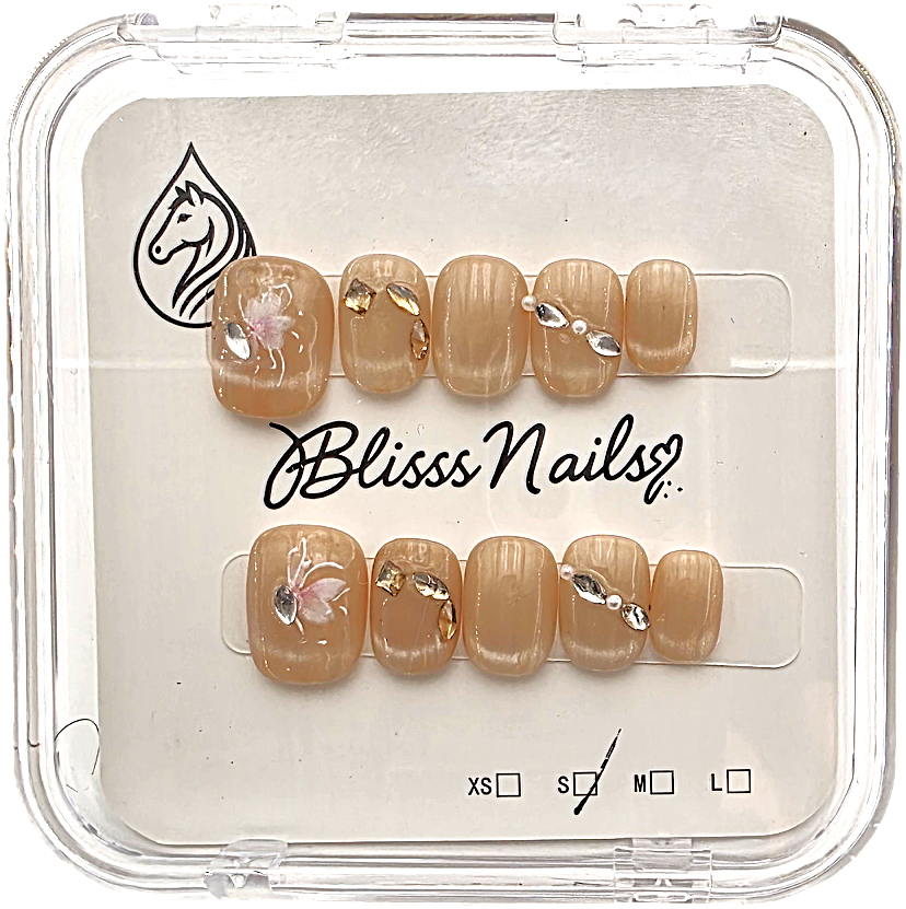 Blisss Nails Premium Handmade Nude Floral Fake Nails – Short Square Artificial Reusable Press On Nails with Rhinestones & 3D Flower Art for Women | Elegant Salon Finish 10 pc Nail Se