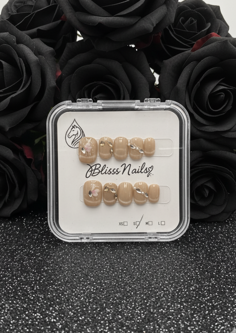 Blisss Nails Premium Handmade Nude Floral Fake Nails – Short Square Artificial Reusable Press On Nails with Rhinestones & 3D Flower Art for Women | Elegant Salon Finish 10 pc Nail Se