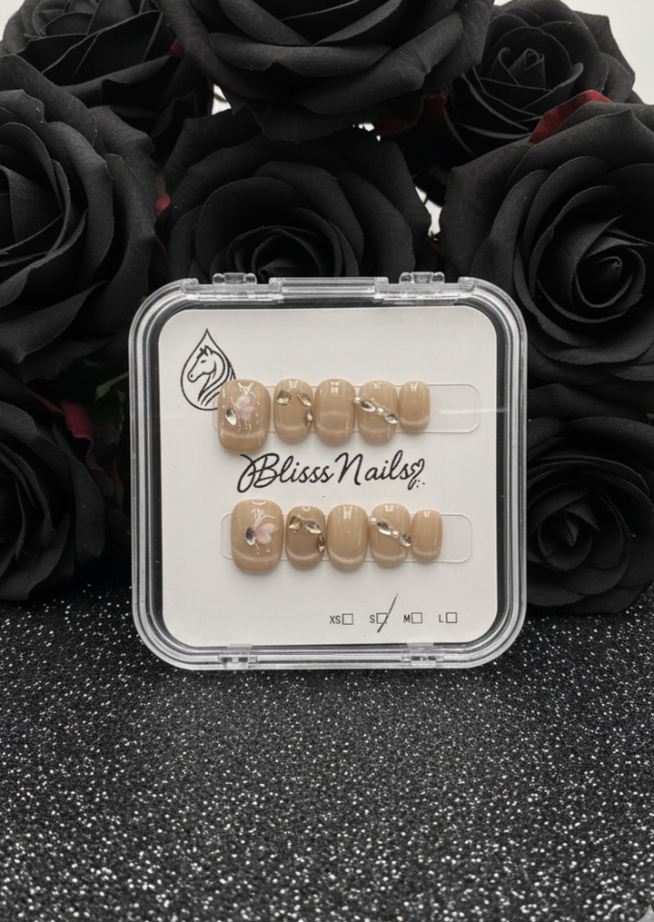 Blisss Nails Premium Handmade Nude Floral Fake Nails – Short Square Artificial Reusable Press On Nails with Rhinestones & 3D Flower Art for Women | Elegant Salon Finish 10 pc Nail Se