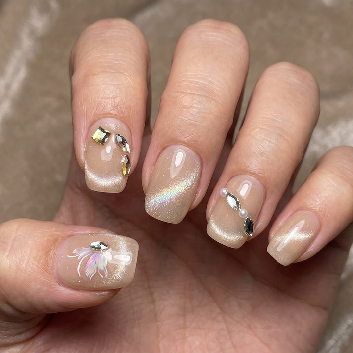 Blisss Nails Premium Handmade Nude Floral Fake Nails – Short Square Artificial Reusable Press On Nails with Rhinestones & 3D Flower Art for Women | Elegant Salon Finish 10 pc Nail Se