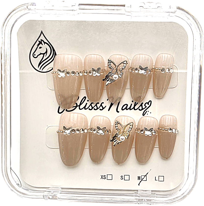 Blisss Nails Premium Handmade Nude Almond Fake Nails – Glossy Beige with Cat Eye Effect Artificial Reusable Press On Nails with Butterfly Charm & Crystal Chain Design | Elegant Salon Finish  10 pc Nail Set