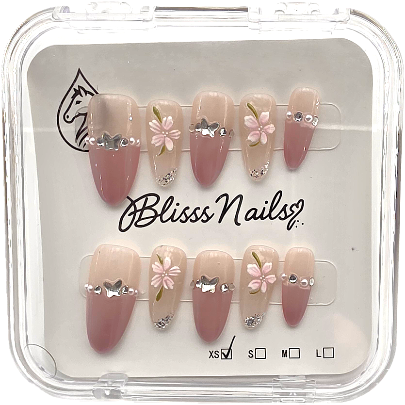 Blisss Nails Premium Handmade Pink Ombre with Cat Eye Effect Fake Nails – Almond Artificial Reusable Press On Nails with 3D Floral Art, Butterfly Charm & Rhinestones | Elegant Salon Finish 10 pc Nails Set