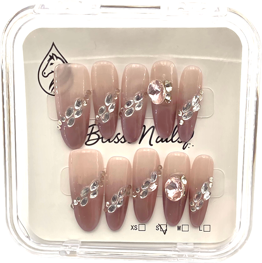 Blisss Nails Press On Nails Long Almond Shape Nude Brownish Pink Crystal Ombre Luxury 10 Pcs Nail Set