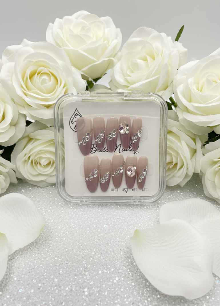 Blisss Nails Press On Nails Long Almond Shape Nude Brownish Pink Crystal Ombre Luxury 10 Pcs Nail Set