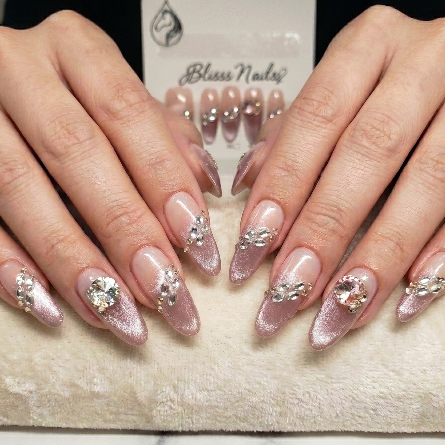 Blisss Nails Press On Nails Long Almond Shape Nude Brownish Pink Crystal Ombre Luxury 10 Pcs Nail Set