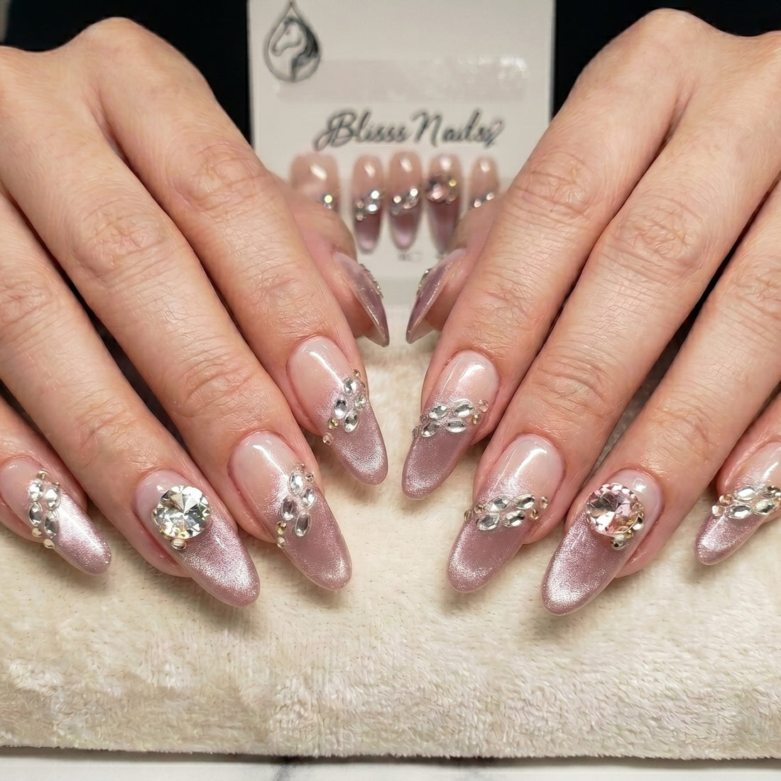 Blisss Nails Press On Nails Long Almond Shape Nude Brownish Pink Crystal Ombre Luxury 10 Pcs Nail Set