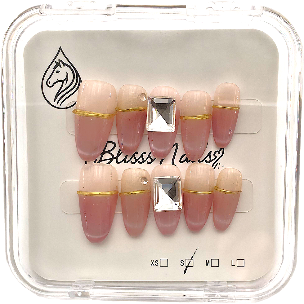 Blisss Nails Premium Handmade Pink French Tip with cat Eye Effect Fake Nails – Short Almond Artificial Reusable Press On Nails with Gold Line Detail & Crystal Accent | Elegant Salon Finish  10 pc Nail Set