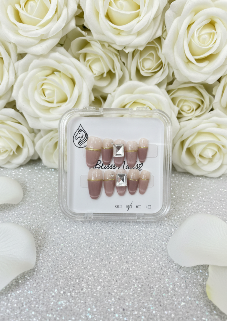 Blisss Nails Premium Handmade Pink French Tip with cat Eye Effect Fake Nails – Short Almond Artificial Reusable Press On Nails with Gold Line Detail & Crystal Accent | Elegant Salon Finish  10 pc Nail Set
