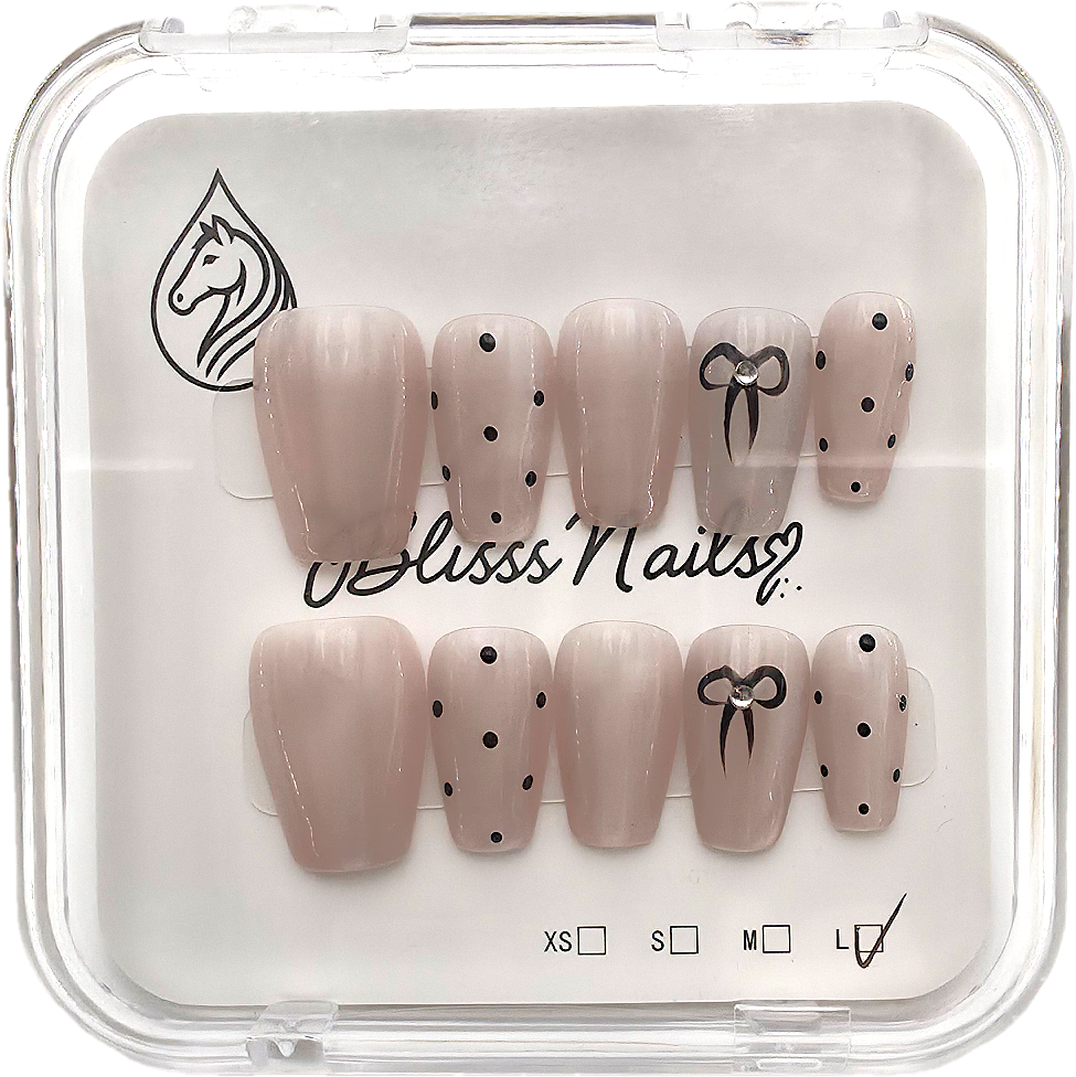 Blisss Nails Handmade Nude Polka Dot Press On Nails – Short Coffin Reusable Artificial Fake Nails with Bow Accent | Premium Cute Minimal Nail Art 10 pc Nails Set