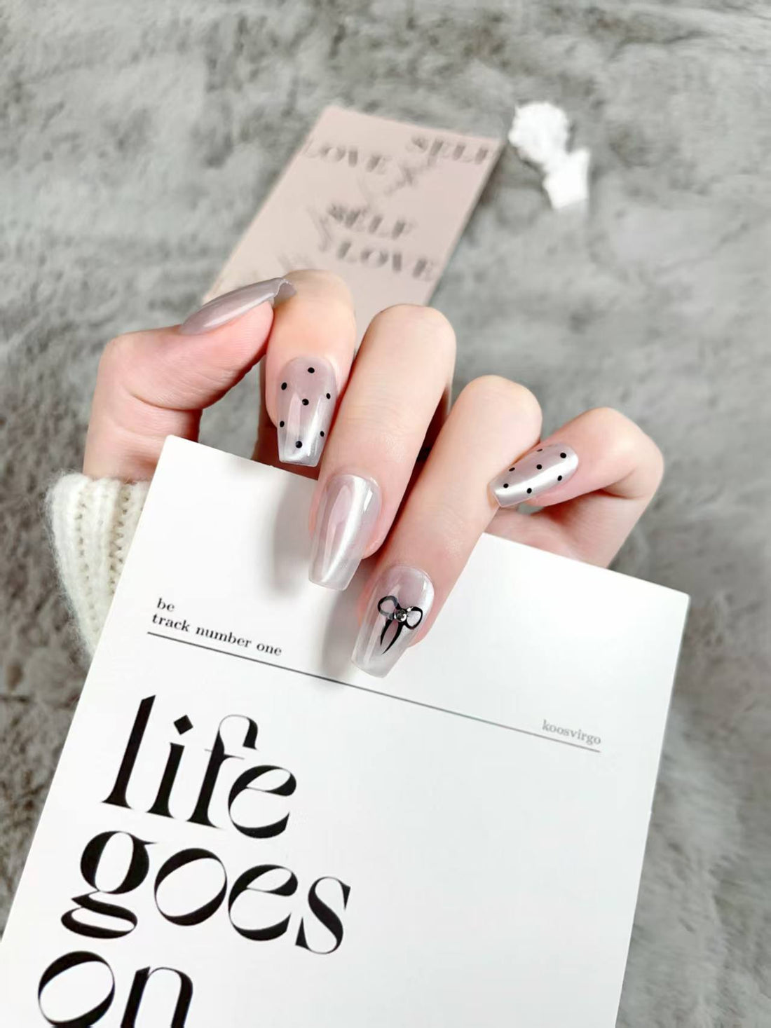 Blisss Nails Handmade Nude Polka Dot Press On Nails – Short Coffin Reusable Artificial Fake Nails with Bow Accent | Premium Cute Minimal Nail Art 10 pc Nails Set