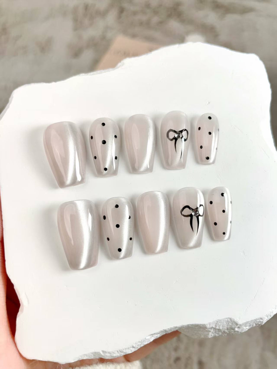 Blisss Nails Handmade Nude Polka Dot Press On Nails – Short Coffin Reusable Artificial Fake Nails with Bow Accent | Premium Cute Minimal Nail Art 10 pc Nails Set