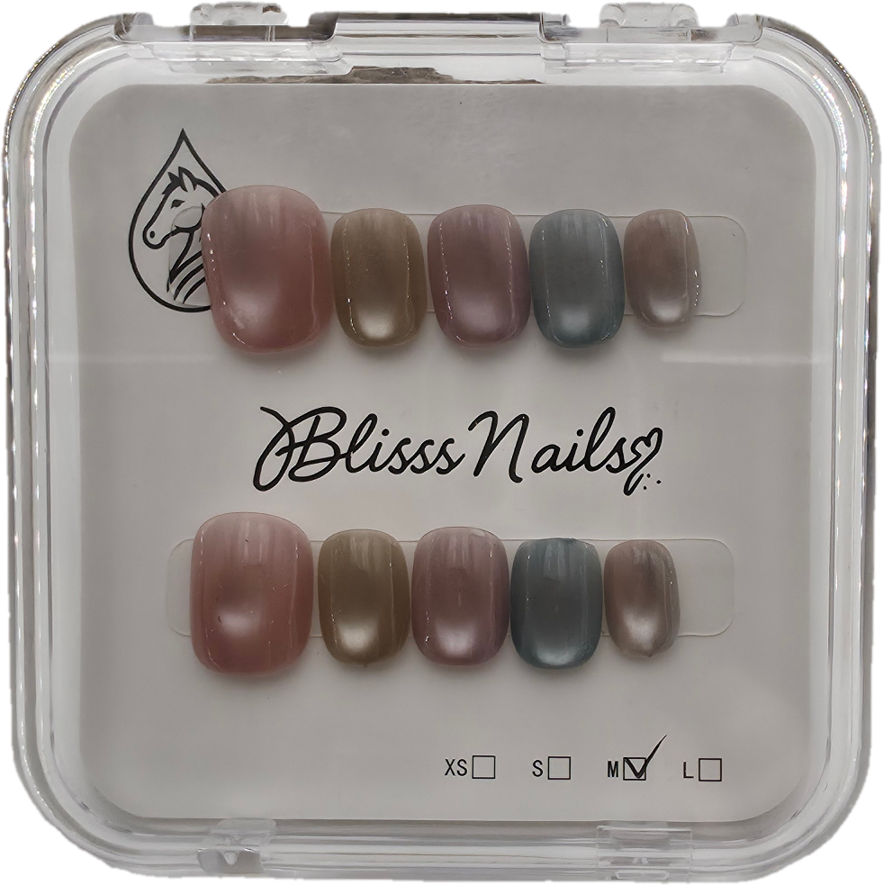Blisss Nails Handmade Premium Press On Nails - Earthy Multi-Tone/Pink Cat Eye Magnetic Effect, Reusable Artificial Nails, Short Square Round Shape, Luxury Shimmer Finish Salon-Quality Fake Nails 10 Pcs Nail Set
