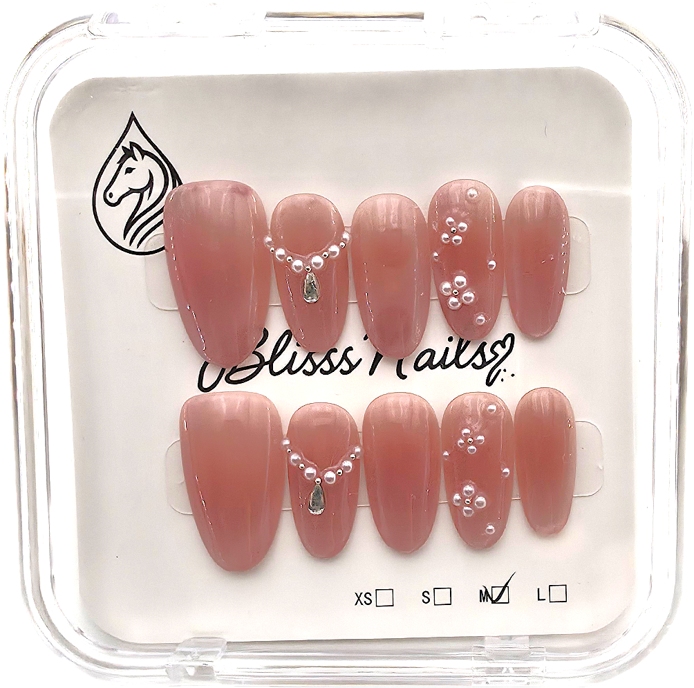 Blisss Nails Premium Handmade Dusty Rose Fake Nails – Medium Almond Artificial Reusable Press On Nails with Pearl Necklace Design & Rhinestone Charm | Elegant Salon Finish 10 pc Nails set