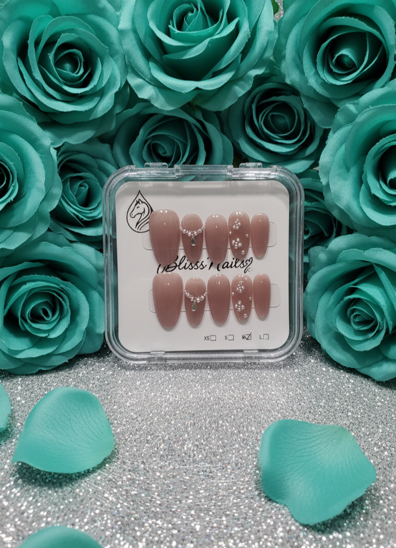 Blisss Nails Premium Handmade Dusty Rose Fake Nails – Medium Almond Artificial Reusable Press On Nails with Pearl Necklace Design & Rhinestone Charm | Elegant Salon Finish 10 pc Nails set