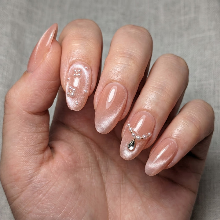 Blisss Nails Premium Handmade Dusty Rose Fake Nails – Medium Almond Artificial Reusable Press On Nails with Pearl Necklace Design & Rhinestone Charm | Elegant Salon Finish 10 pc Nails set