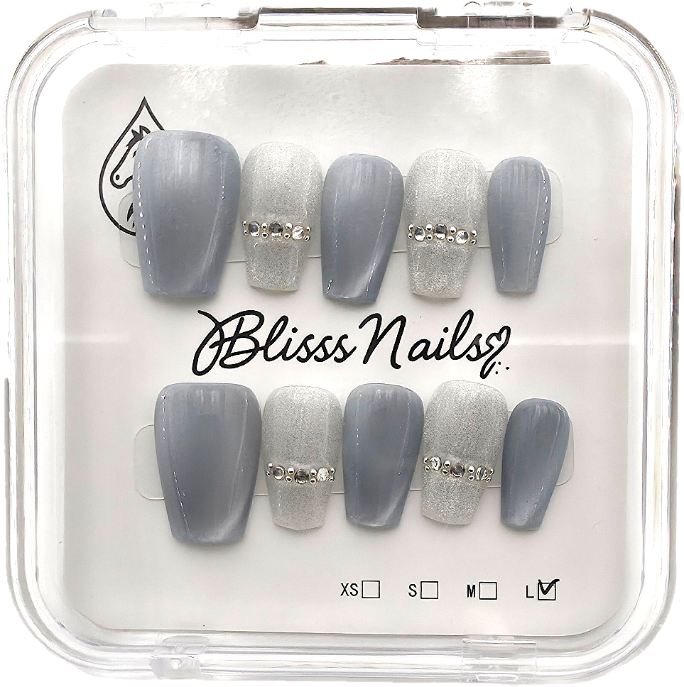 Blisss Nails Handmade Blue Grey with Cat Eye Effect & Silver Glitter Press On Nails – Short Coffin Reusable Artificial Fake Nails with Rhinestone Band | Premium Luxury Nail Art 10