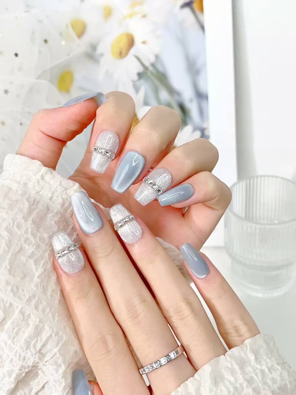 Blisss Nails Handmade Blue Grey with Cat Eye Effect & Silver Glitter Press On Nails – Short Coffin Reusable Artificial Fake Nails with Rhinestone Band | Premium Luxury Nail Art 10