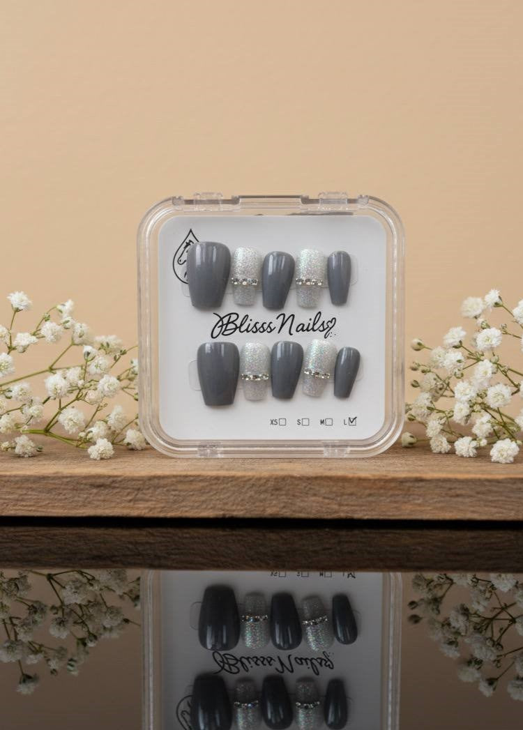Blisss Nails Handmade Blue Grey with Cat Eye Effect & Silver Glitter Press On Nails – Short Coffin Reusable Artificial Fake Nails with Rhinestone Band | Premium Luxury Nail Art 10