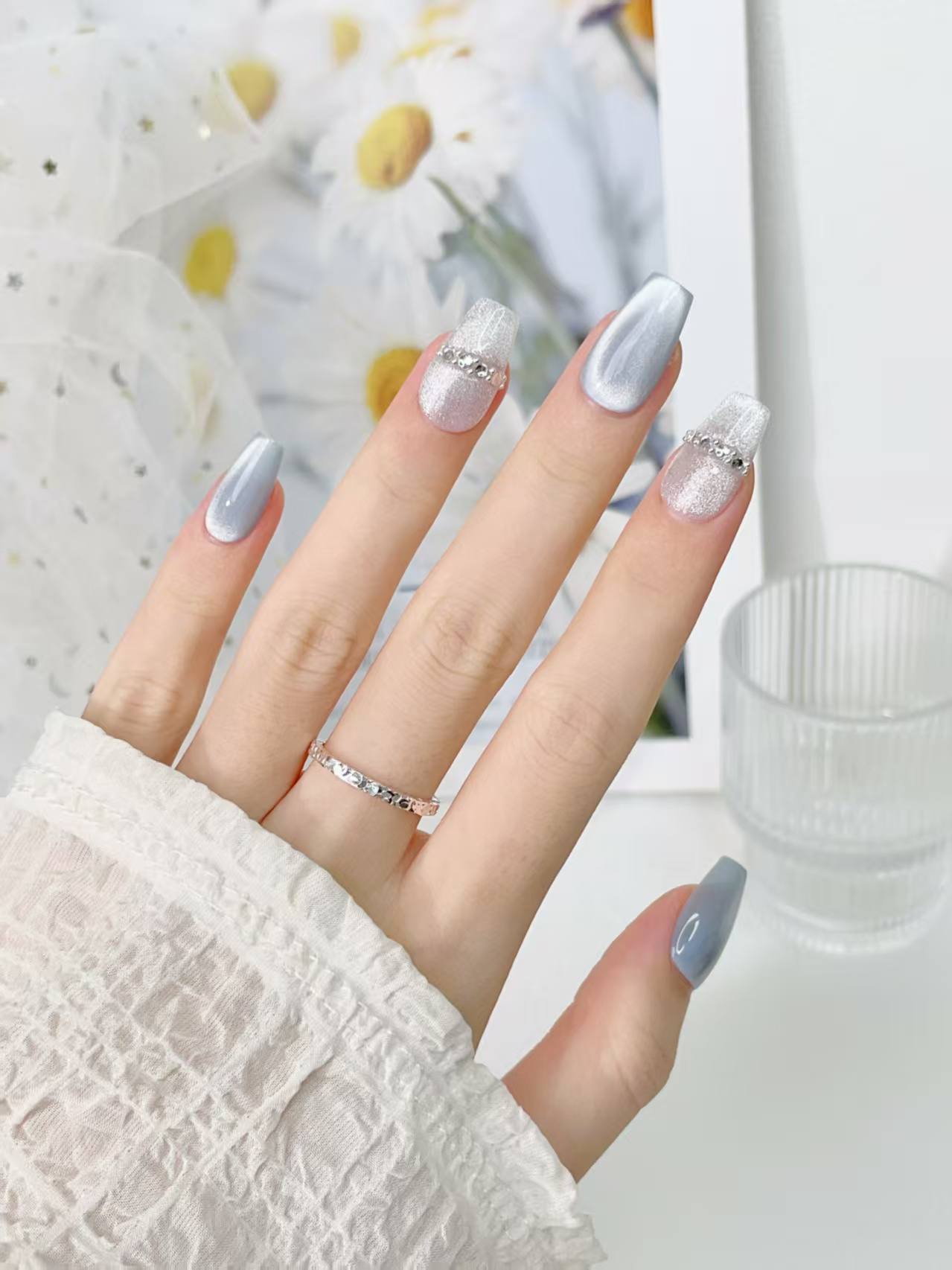 Blisss Nails Handmade Blue Grey with Cat Eye Effect & Silver Glitter Press On Nails – Short Coffin Reusable Artificial Fake Nails with Rhinestone Band | Premium Luxury Nail Art 10