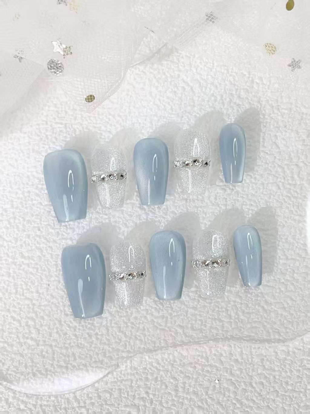 Blisss Nails Handmade Blue Grey with Cat Eye Effect & Silver Glitter Press On Nails – Short Coffin Reusable Artificial Fake Nails with Rhinestone Band | Premium Luxury Nail Art 10