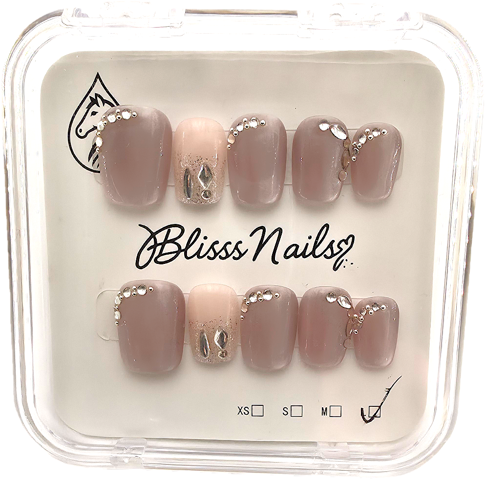 Blisss Nails Handmade Pink Nude with Cat Eye Effect & Taupe Rhinestone Press On Nails – Short Square Reusable Artificial Fake Nails with Glitter Accent | Premium Luxury Nail Art 10 pc Nail Set