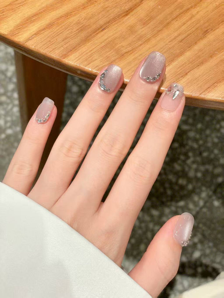 Blisss Nails Handmade Pink Nude with Cat Eye Effect & Taupe Rhinestone Press On Nails – Short Square Reusable Artificial Fake Nails with Glitter Accent | Premium Luxury Nail Art 10 pc Nail Set