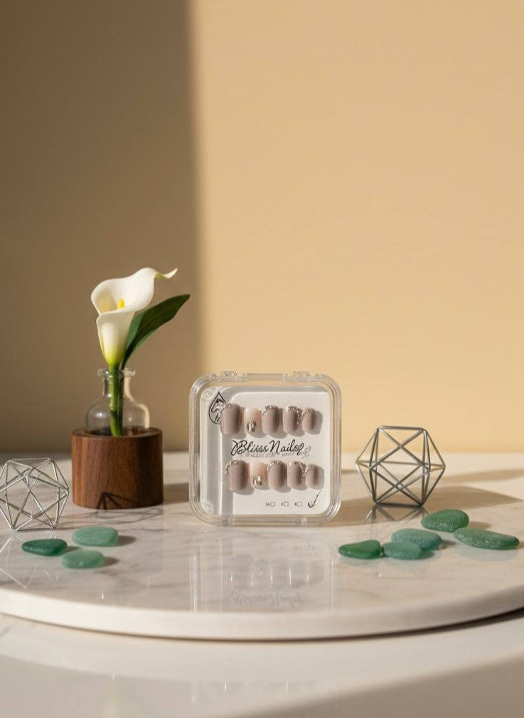 Blisss Nails Handmade Pink Nude with Cat Eye Effect & Taupe Rhinestone Press On Nails – Short Square Reusable Artificial Fake Nails with Glitter Accent | Premium Luxury Nail Art 10 pc Nail Set