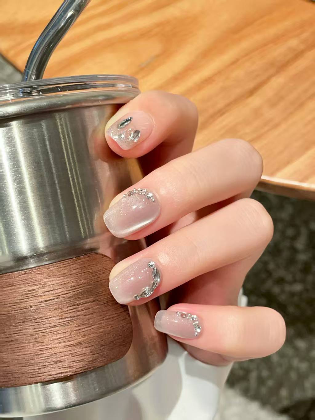 Blisss Nails Handmade Pink Nude with Cat Eye Effect & Taupe Rhinestone Press On Nails – Short Square Reusable Artificial Fake Nails with Glitter Accent | Premium Luxury Nail Art 10 pc Nail Set