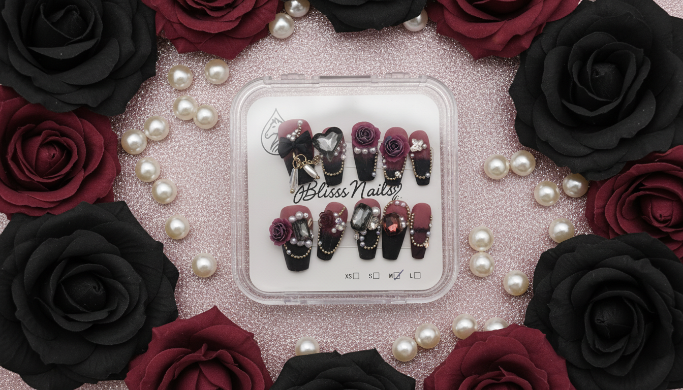 Blisss Nails Press on Nails Coffin Shape Burgundy & Black Luxury Floral 10 Pcs Nail Set
