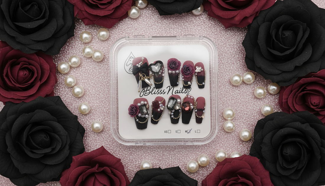 Blisss Nails Press on Nails Coffin Shape Burgundy & Black Luxury Floral 10 Pcs Nail Set