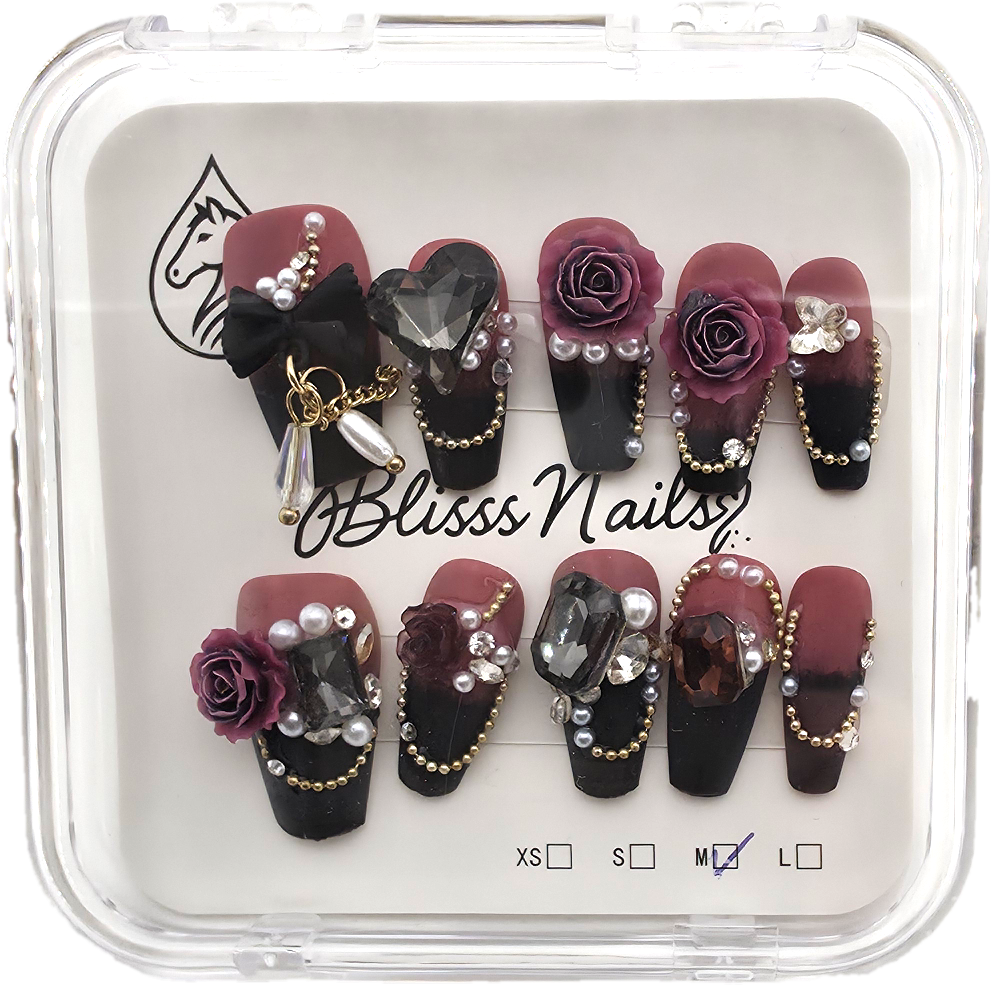 Blisss Nails Press on Nails Coffin Shape Burgundy & Black Luxury Floral 10 Pcs Nail Set