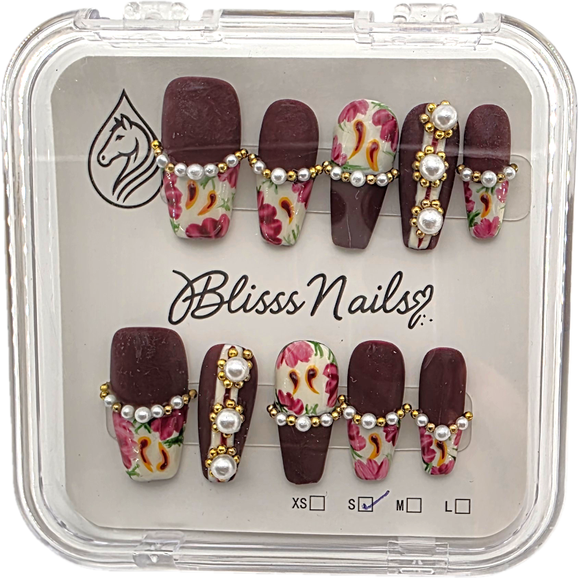 Blisss Nails Press on Nails Coffin Shape Burgundy Floral Pearl Luxury 10 Pcs Nail Set