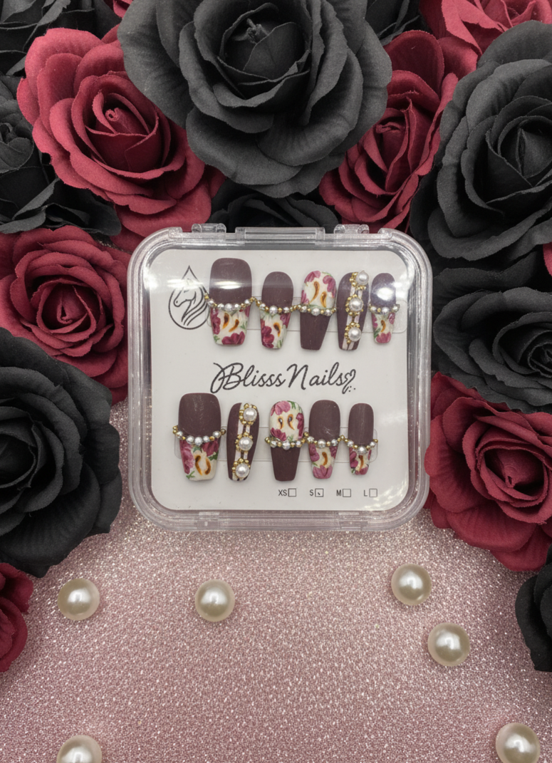 Blisss Nails Press on Nails Coffin Shape Burgundy Floral Pearl Luxury 10 Pcs Nail Set