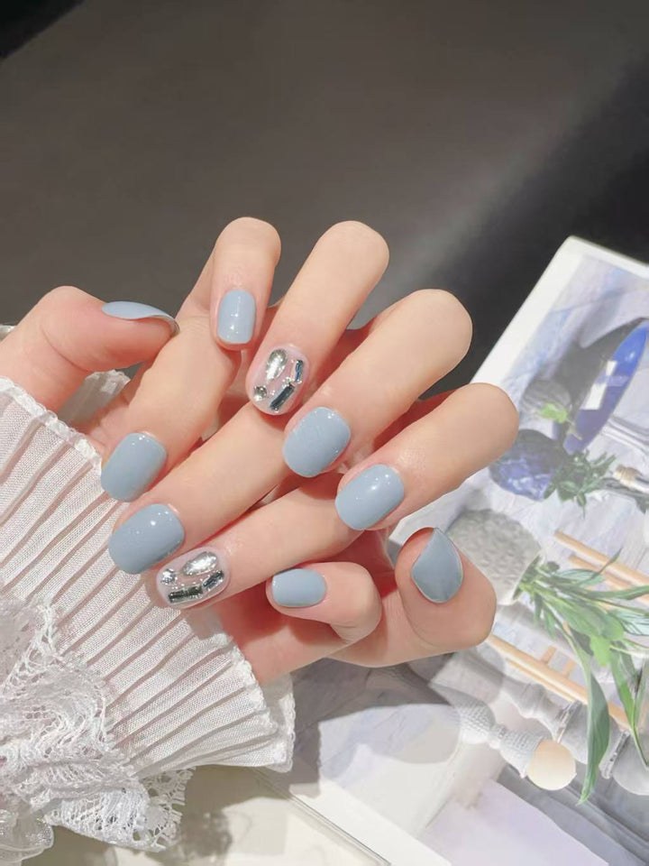 Blisss Nails Handmade Grey Press On Nails – Short Square Reusable Artificial Fake Nails with Chrome Crystal Accent | Premium Minimal Luxury Nail Art 10 pc Nails Set